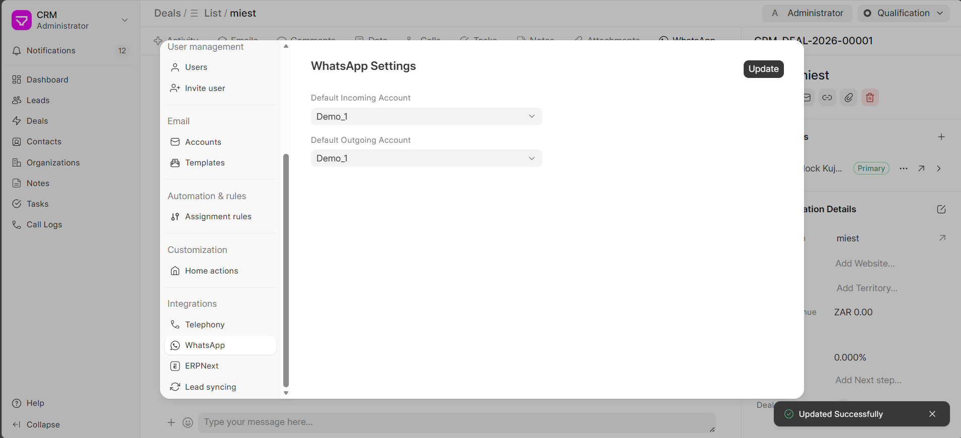 CRM WhatsApp Settings