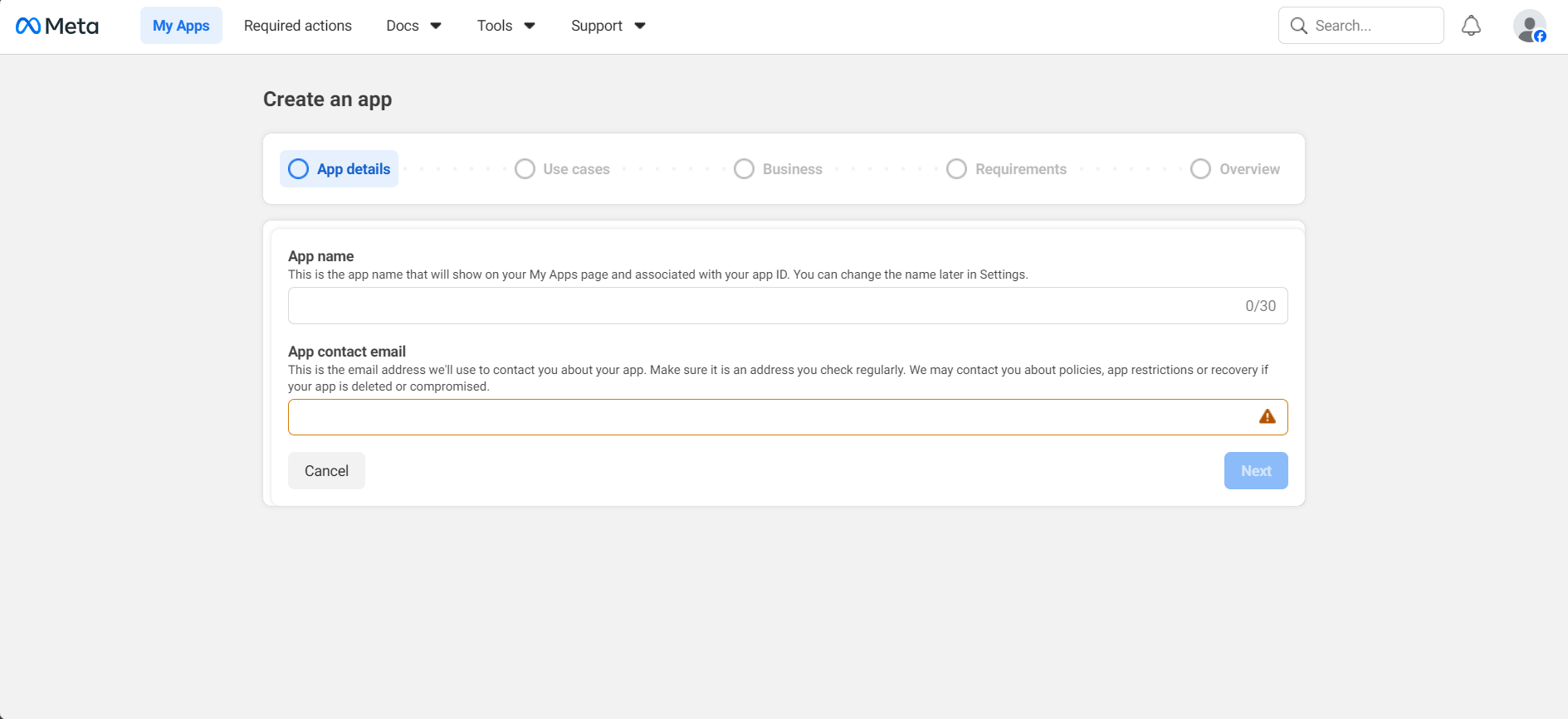 Facebook Create App Screen