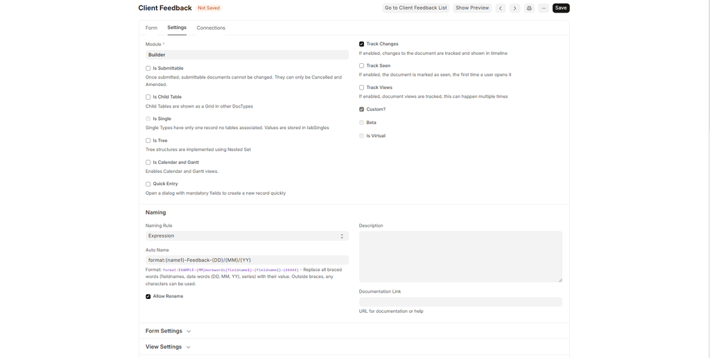 Frappe Custom DocType Settings