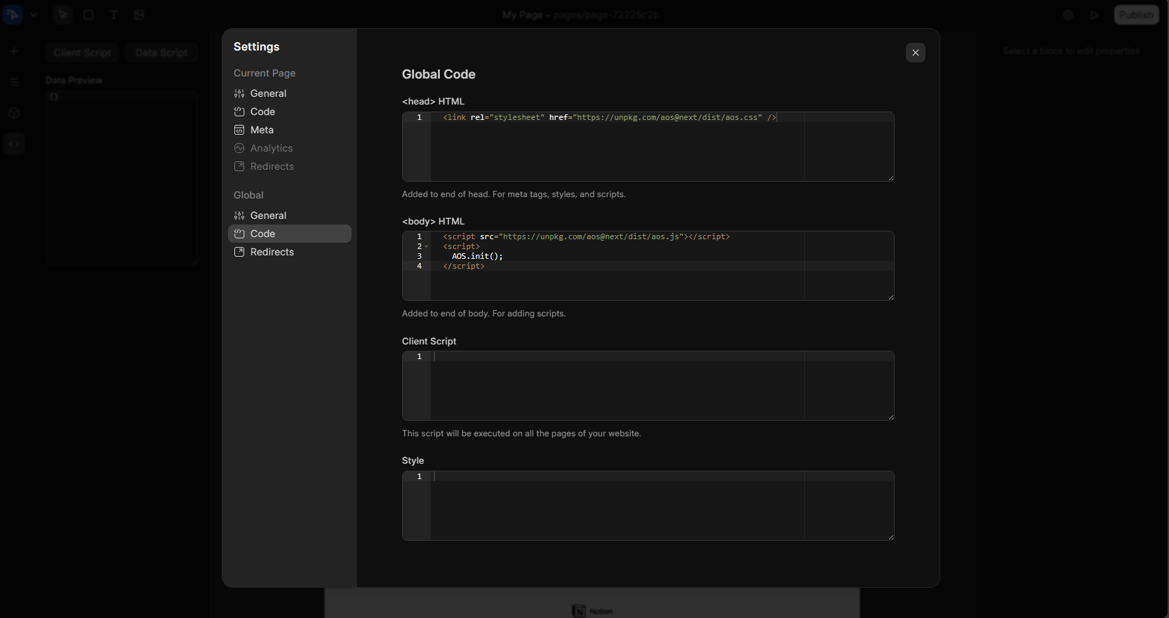 Global Header and Body Settings