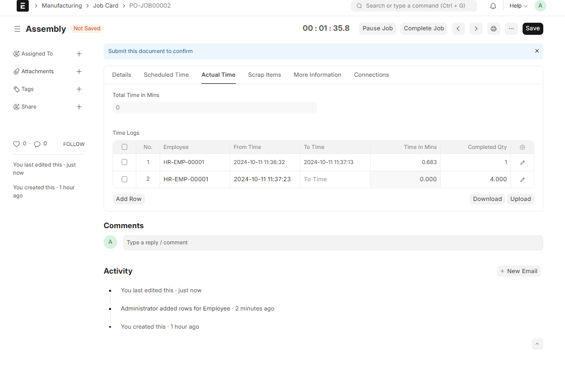Job Card Timer and Actual Time