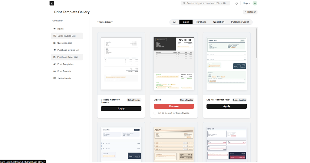 Print Template Dashboard