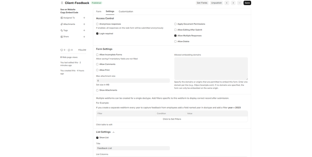 Frappe WebForm Settings