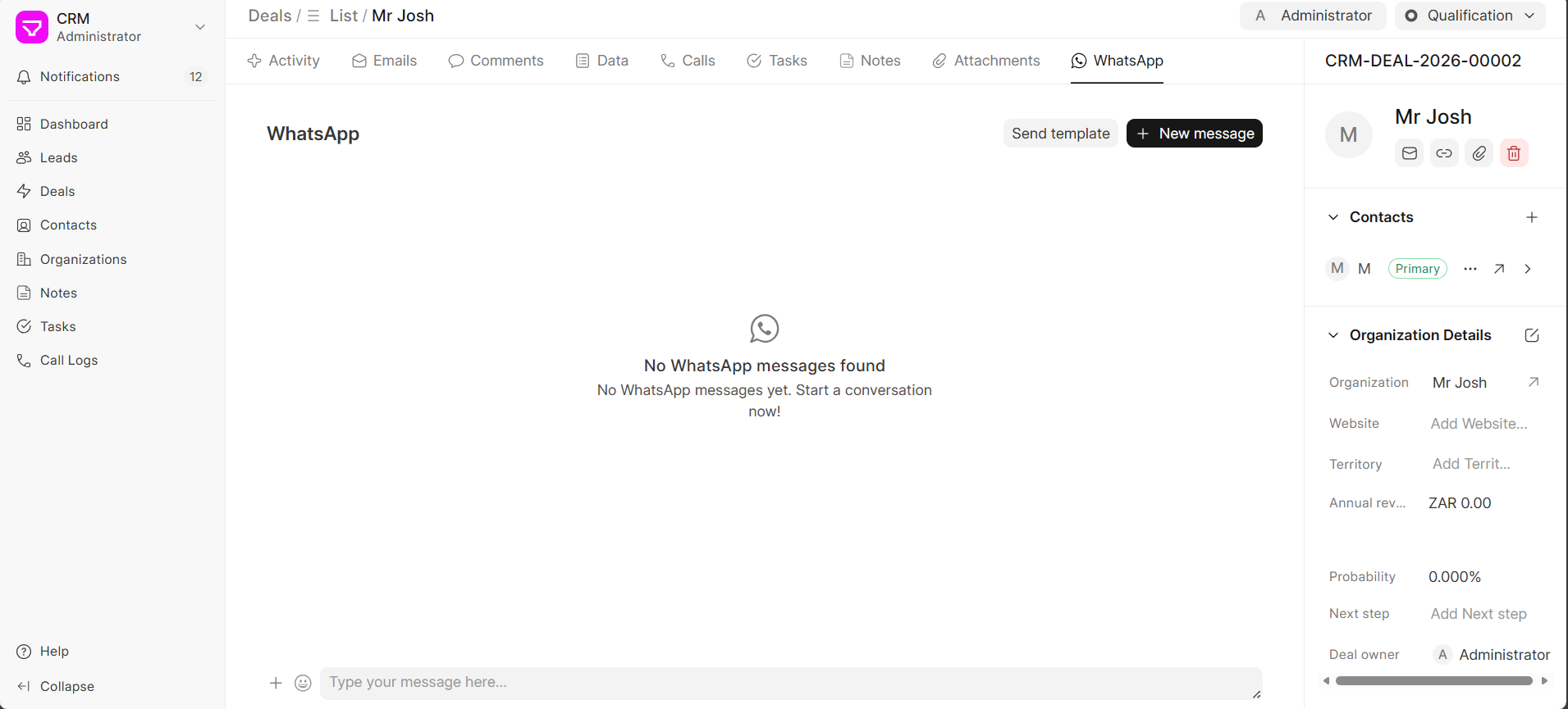 WhatsApp Tab in Deal